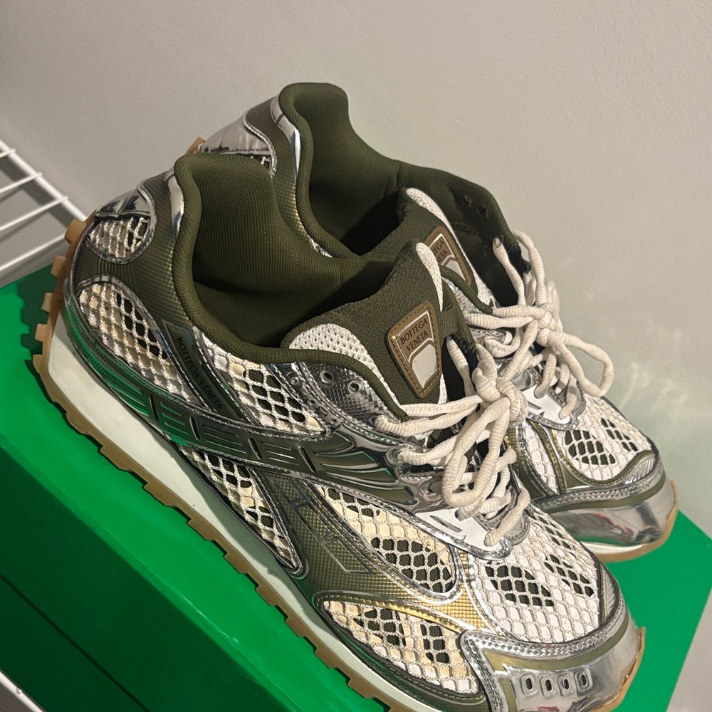 Bottega Veneta Metallic Silver and Green Sneakers